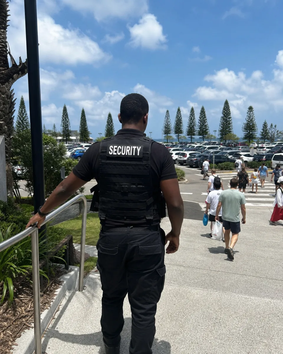 Security guard watching the car park from the entrance steps of a Sunshine Coast centre